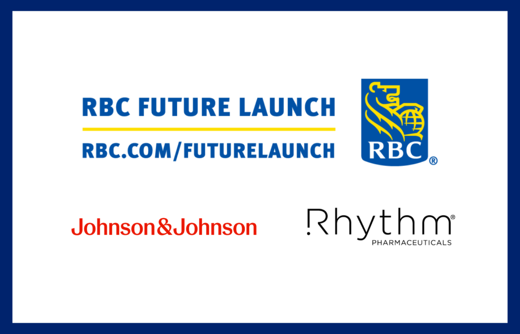 A compilation image of soonsors for the Young Leaders program: RBC Future Launch, Johnson & Johnson and Rhythm Pharmaceuticals