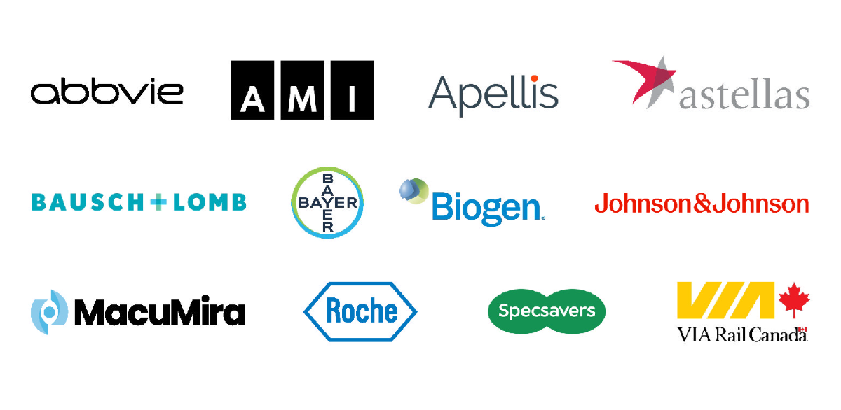 Logo compilation: abbvie, AMI, Apellis, astellas, Bausch & Lomb, Bayer, Biogen, Johnson & Johnson, MacuMira, Roche, Specsavers, VIA Rail Canada